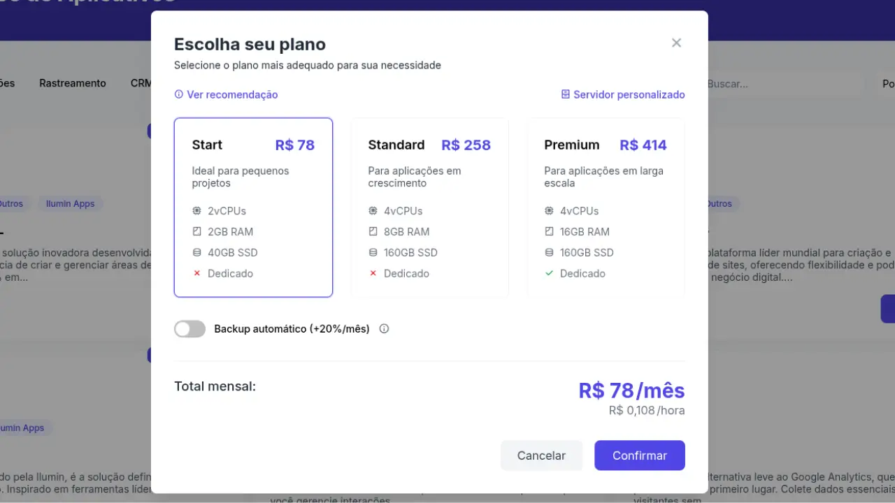 Planos disponíveis